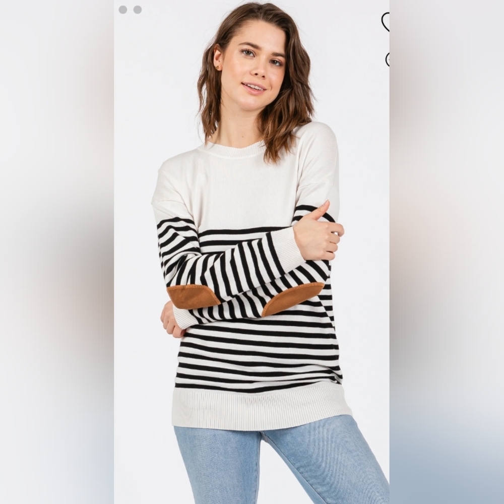 First Look White Striped Elbow Patch Knit Sweater